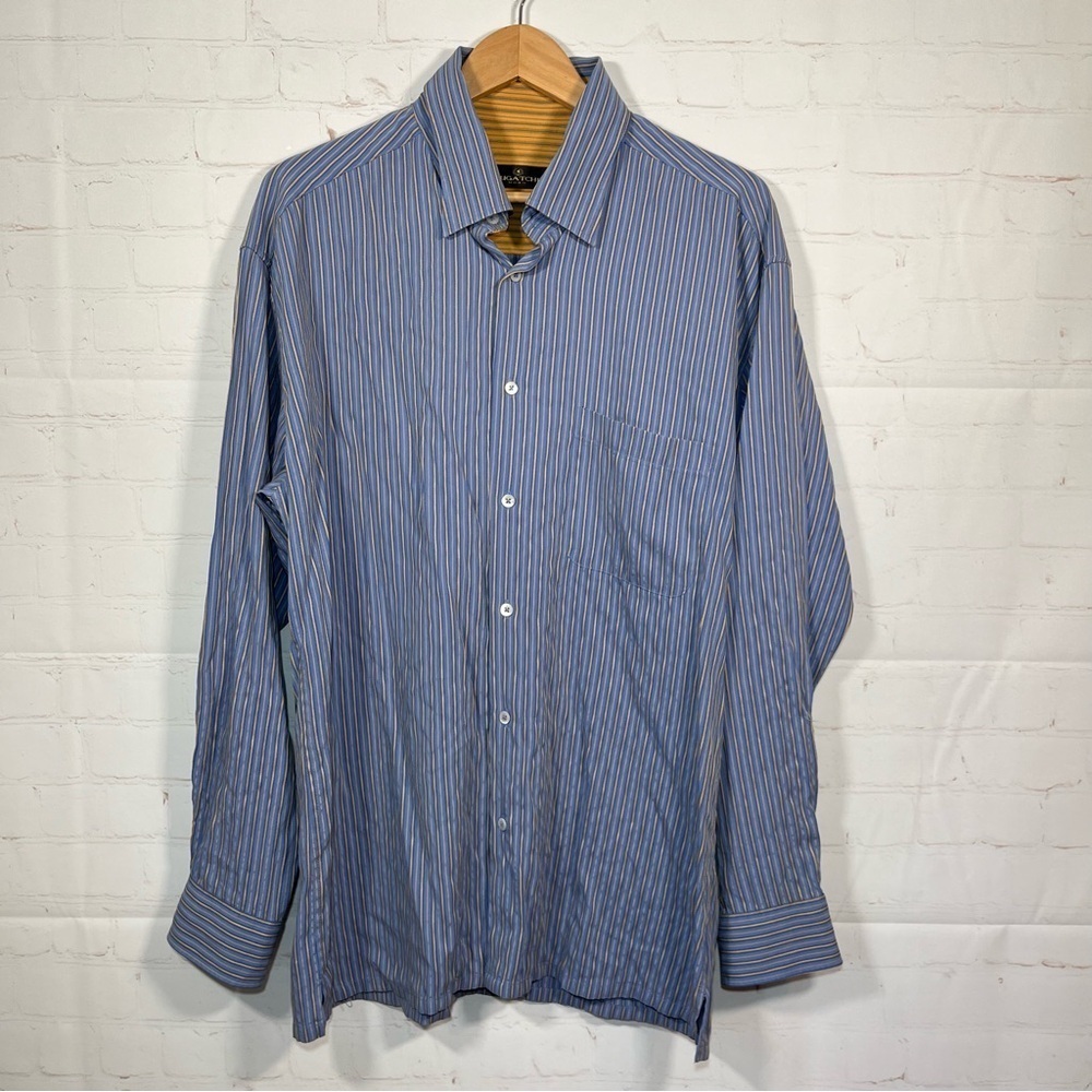 Bugatchi Button Up Shirt Mens Size XL Blue Gold Striped Long Sleeve
